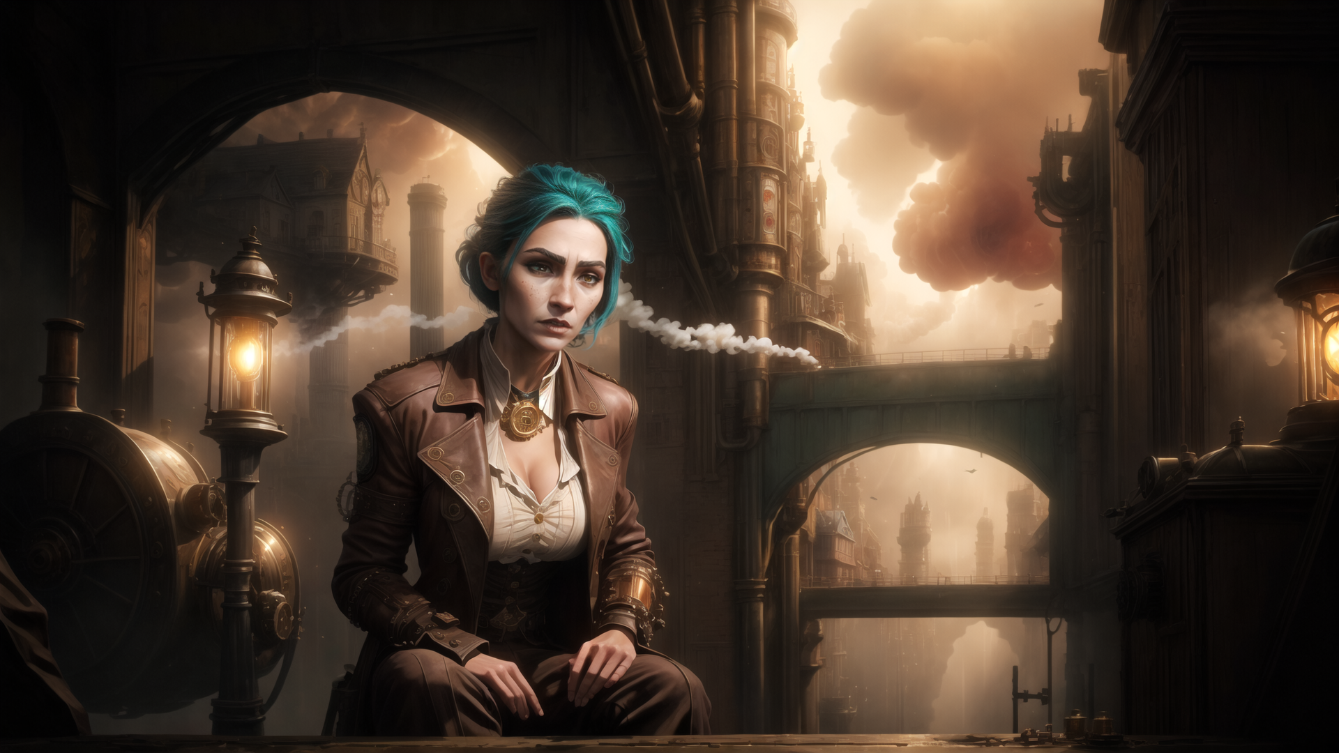 AI generated wallpaper featuring woman, steampunk, city