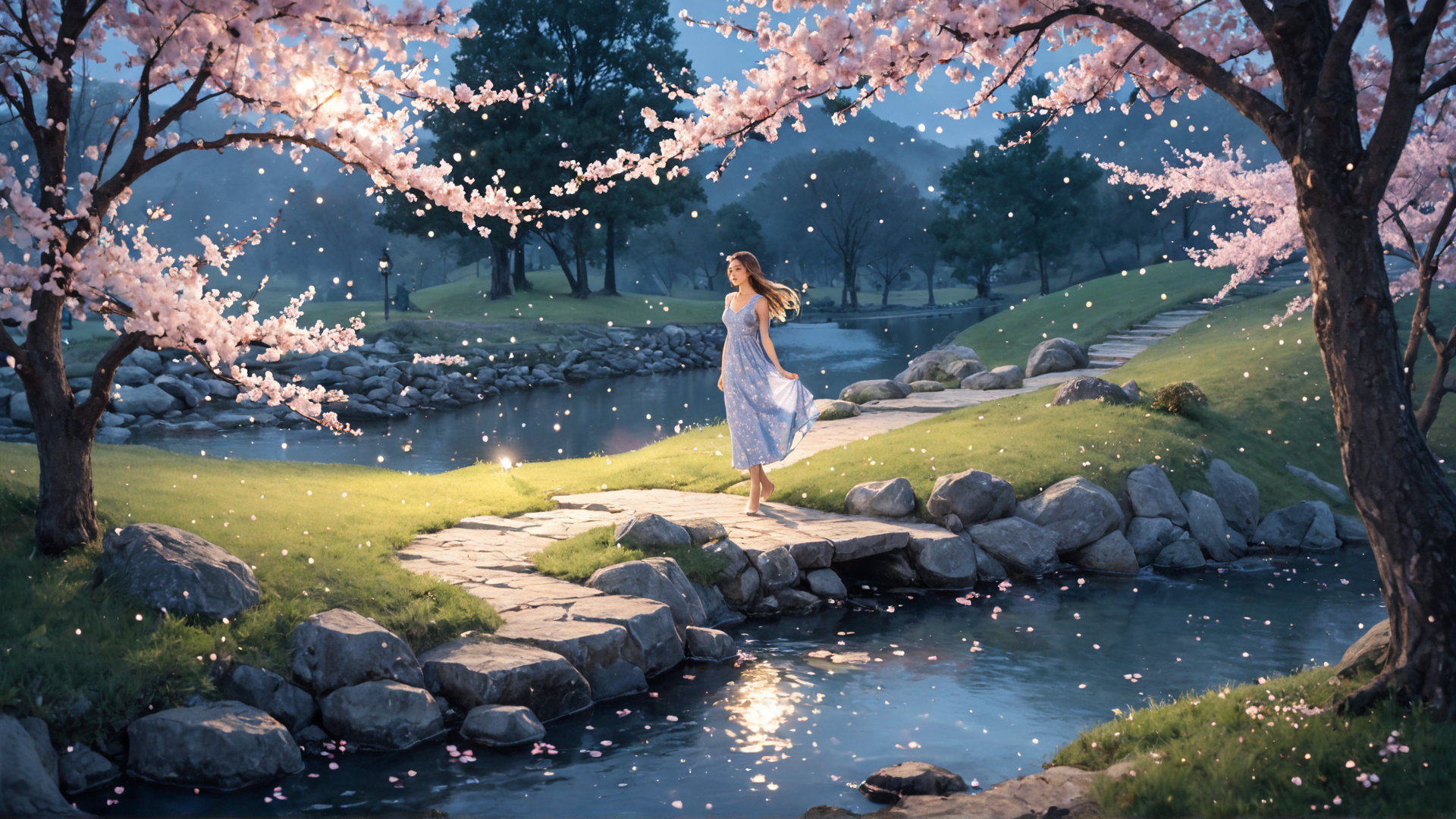 AI generated wallpaper featuring woman, cherry blossoms, river