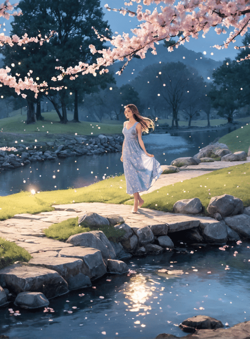 woman, cherry blossoms, river