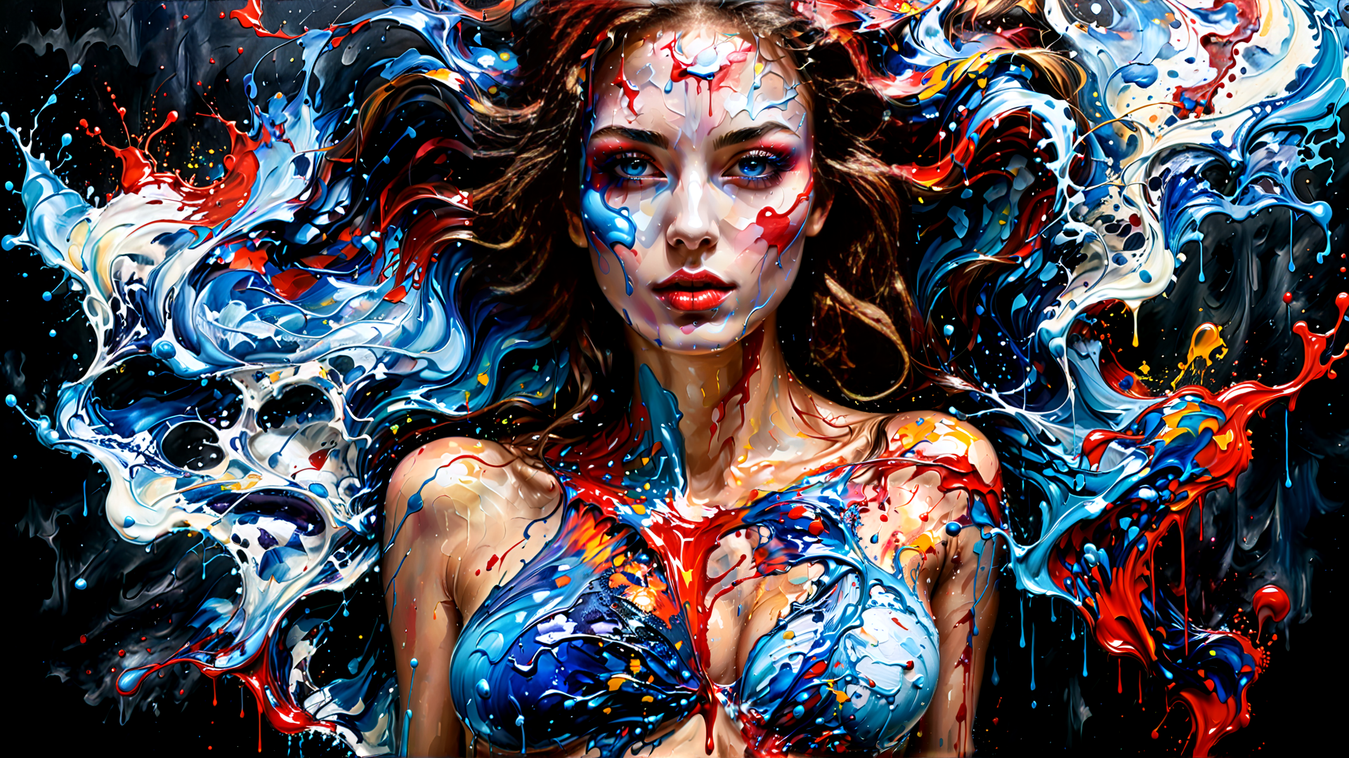 AI generated wallpaper featuring woman, paint, surreal, art, liquid