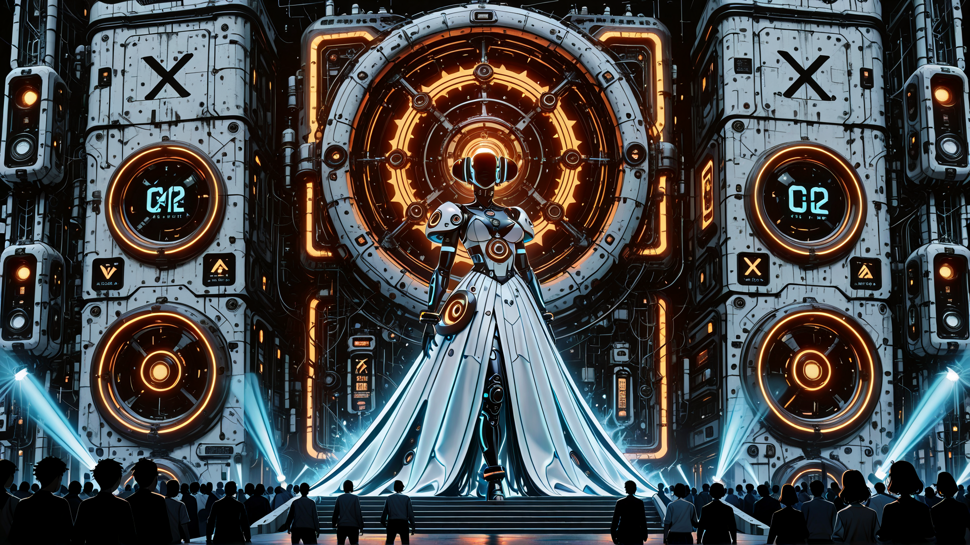 AI generated wallpaper featuring robot, crowd, gears, light, structure, dress, cityscape, circular, silhouettes, steampunk