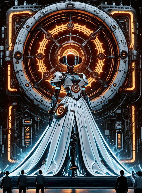 robot, crowd, gears, light, structure, dress, cityscape, circular, silhouettes, steampunk