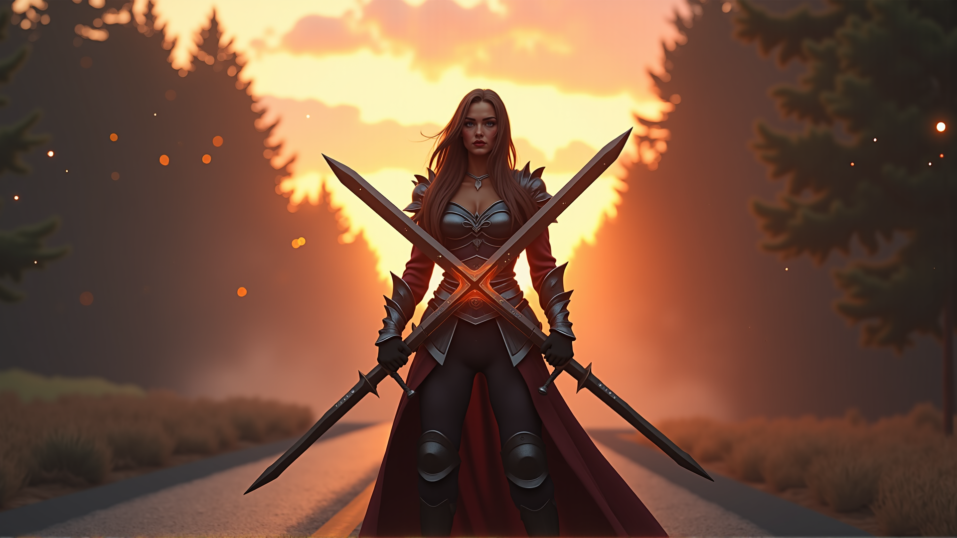AI generated wallpaper featuring woman, swords, armor, cape, forest, road