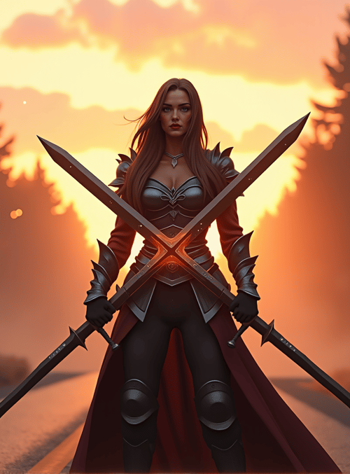 woman, swords, armor, cape, forest, road