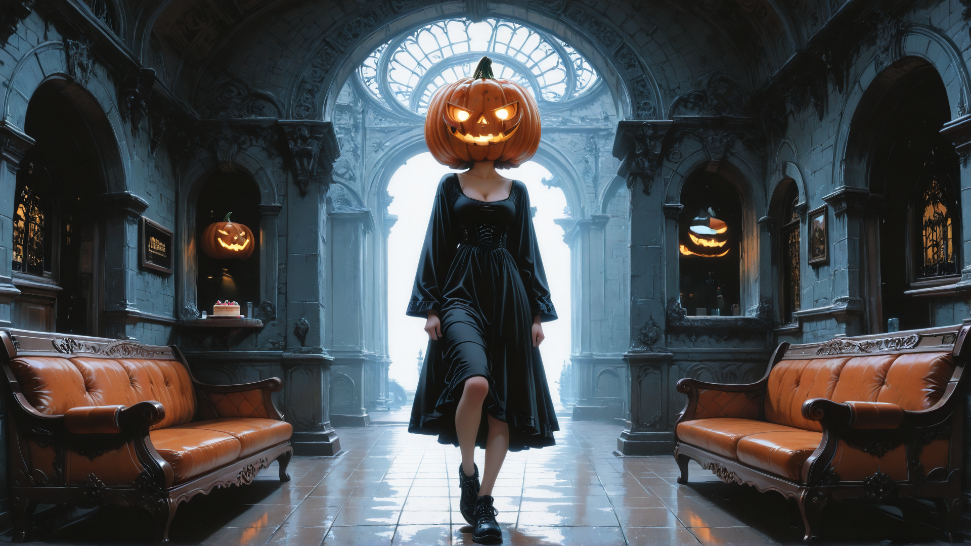 AI generated wallpaper featuring pumpkin, woman, dress, cathedral, sconce, candle, chair, cake, window, light