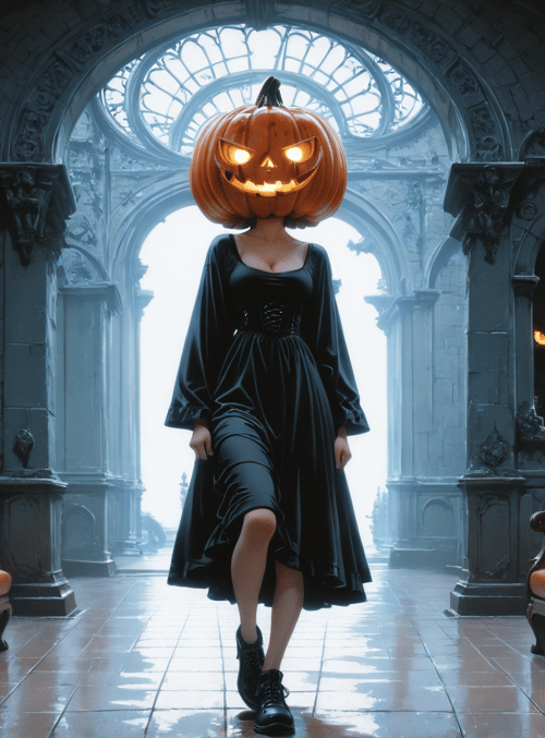 pumpkin, woman, dress, cathedral, sconce, candle, chair, cake, window, light