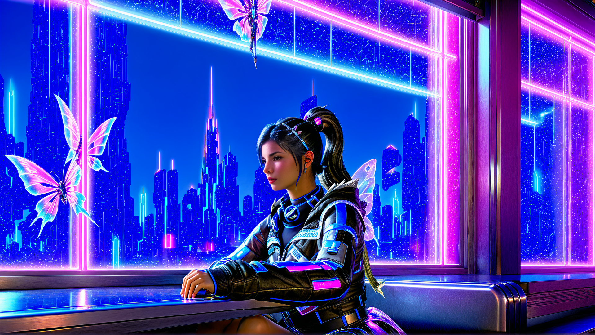 AI generated wallpaper featuring woman, butterfly, cityscape