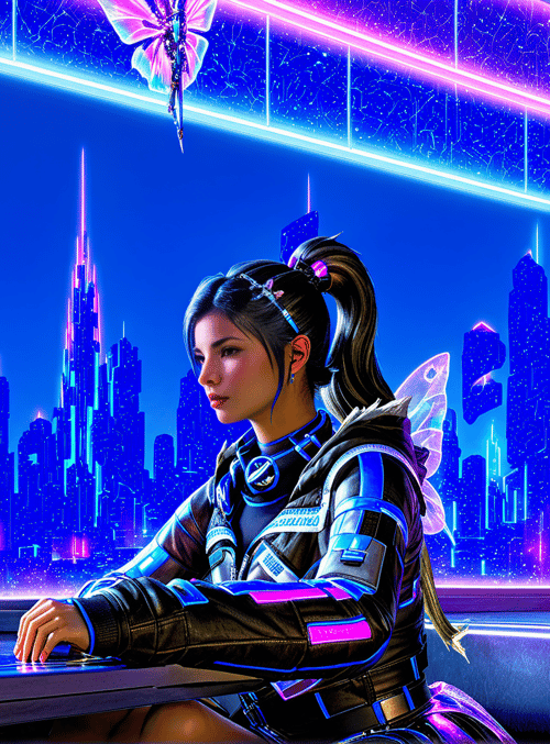 woman, butterfly, cityscape