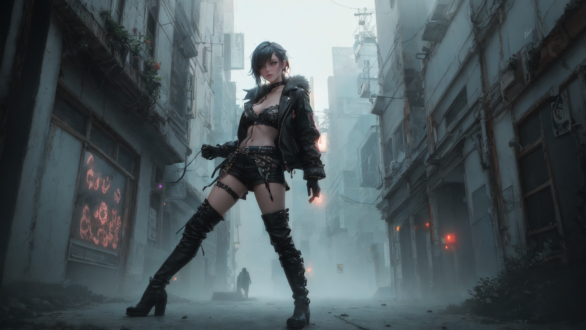 AI generated wallpaper featuring woman, street, buildings
