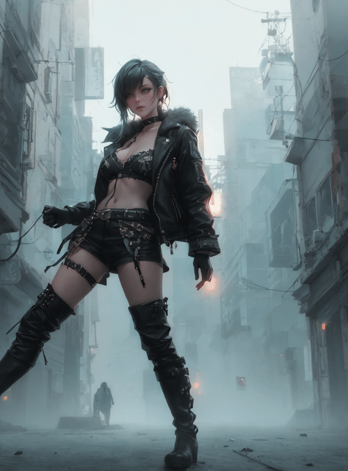 woman, street, buildings