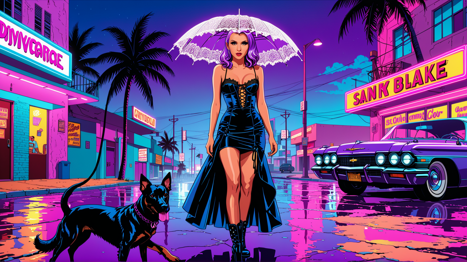 AI generated wallpaper featuring woman, dog, umbrella