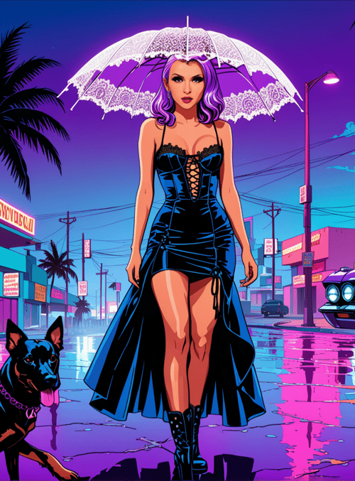 woman, dog, umbrella
