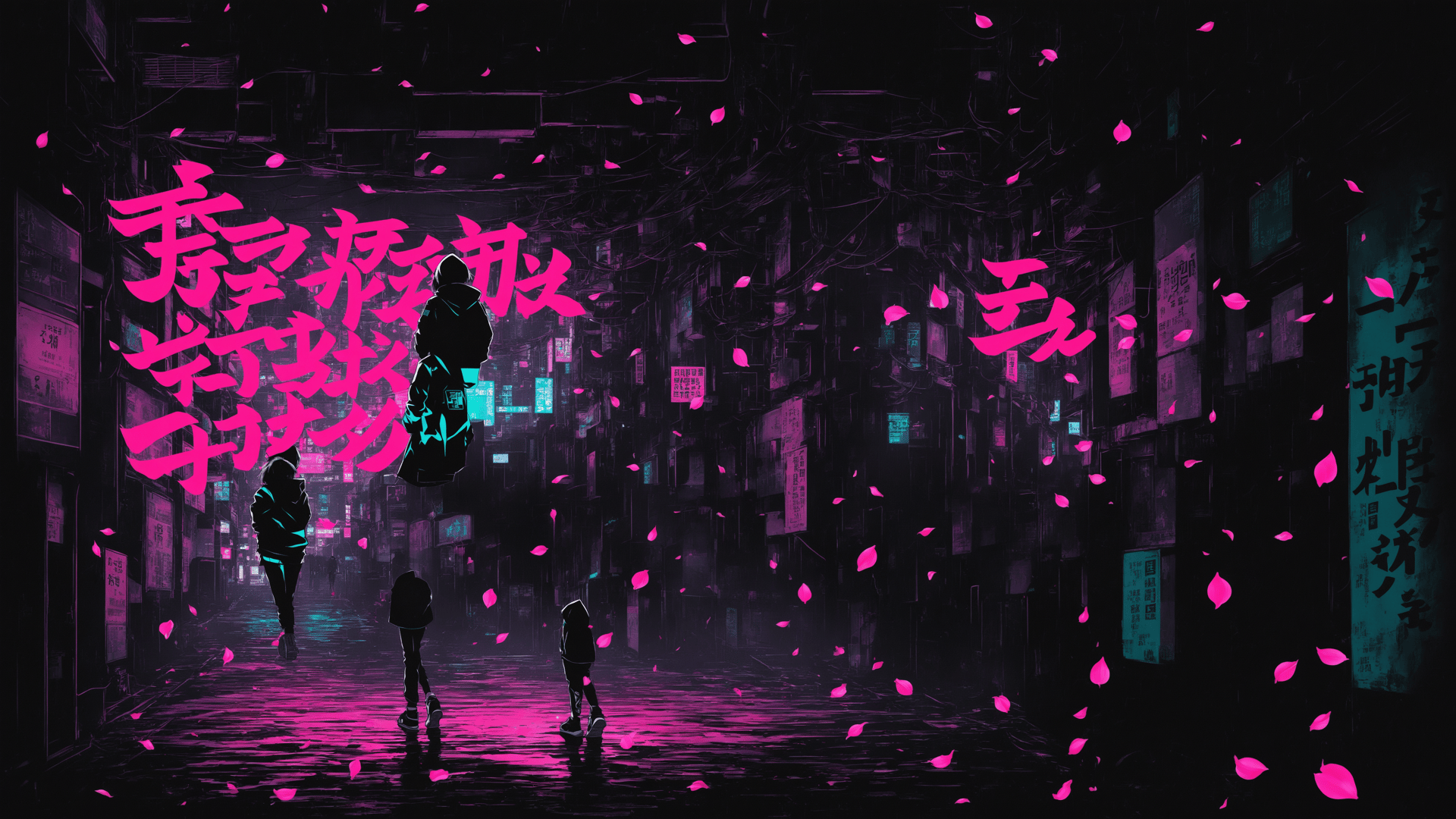 AI generated wallpaper featuring silhouettes, petals, city