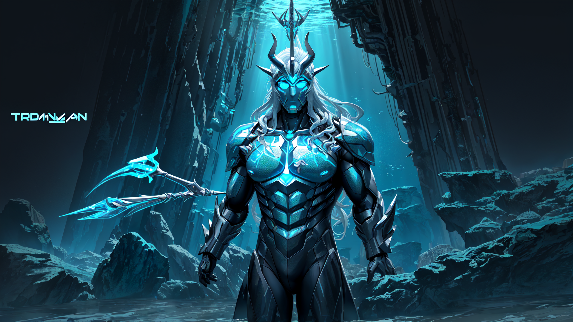 AI generated wallpaper featuring cyborg, warrior, underwater