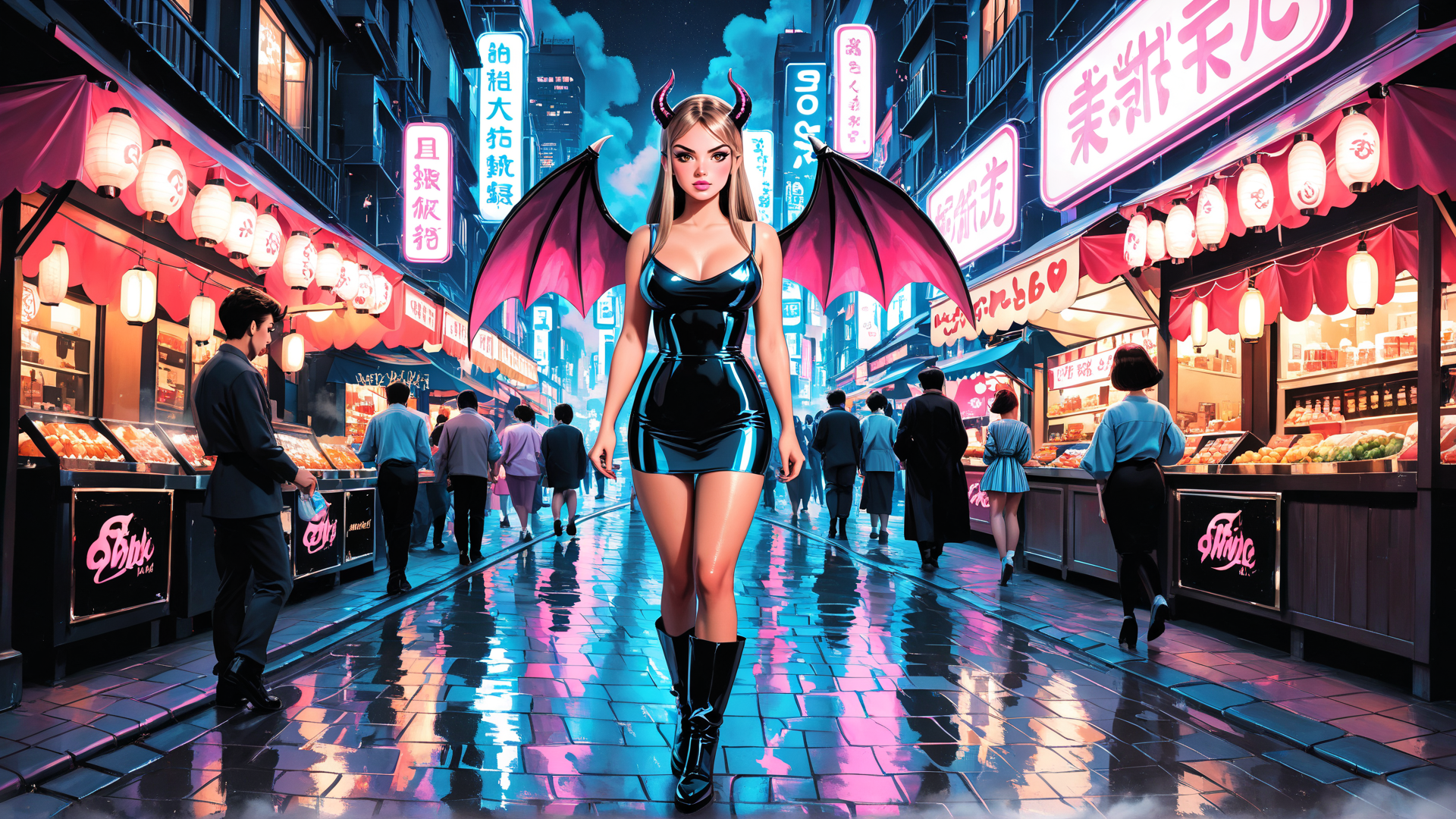 AI generated wallpaper featuring woman, demon, street, neon, market, city, signs, lanterns, people, shoppers