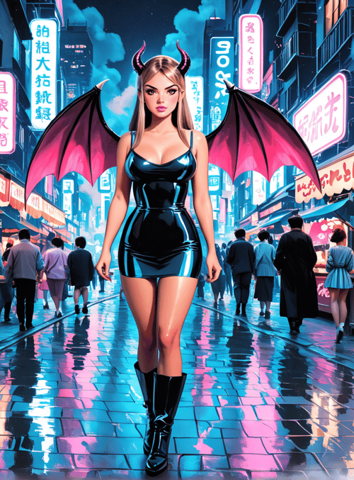 woman, demon, street, neon, market, city, signs, lanterns, people, shoppers