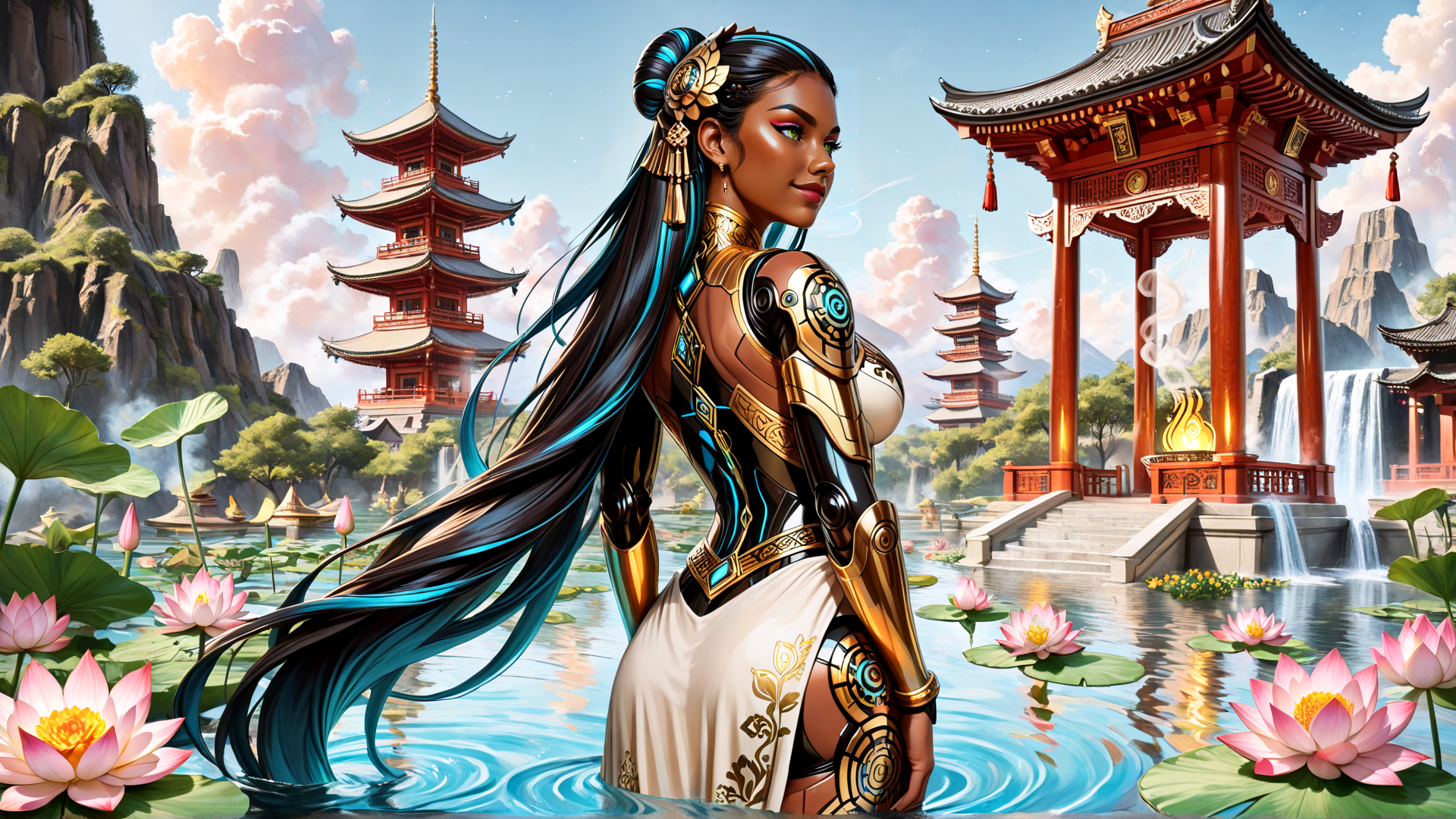 AI generated wallpaper featuring cyborg, woman, lotus, pagoda, mountain, water, dragon, headdress, lotus pond, golden armor