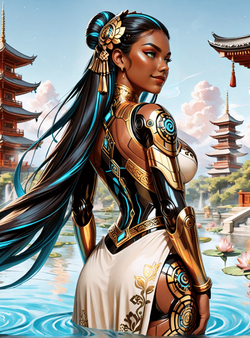 cyborg, woman, lotus, pagoda, mountain, water, dragon, headdress, lotus pond, golden armor