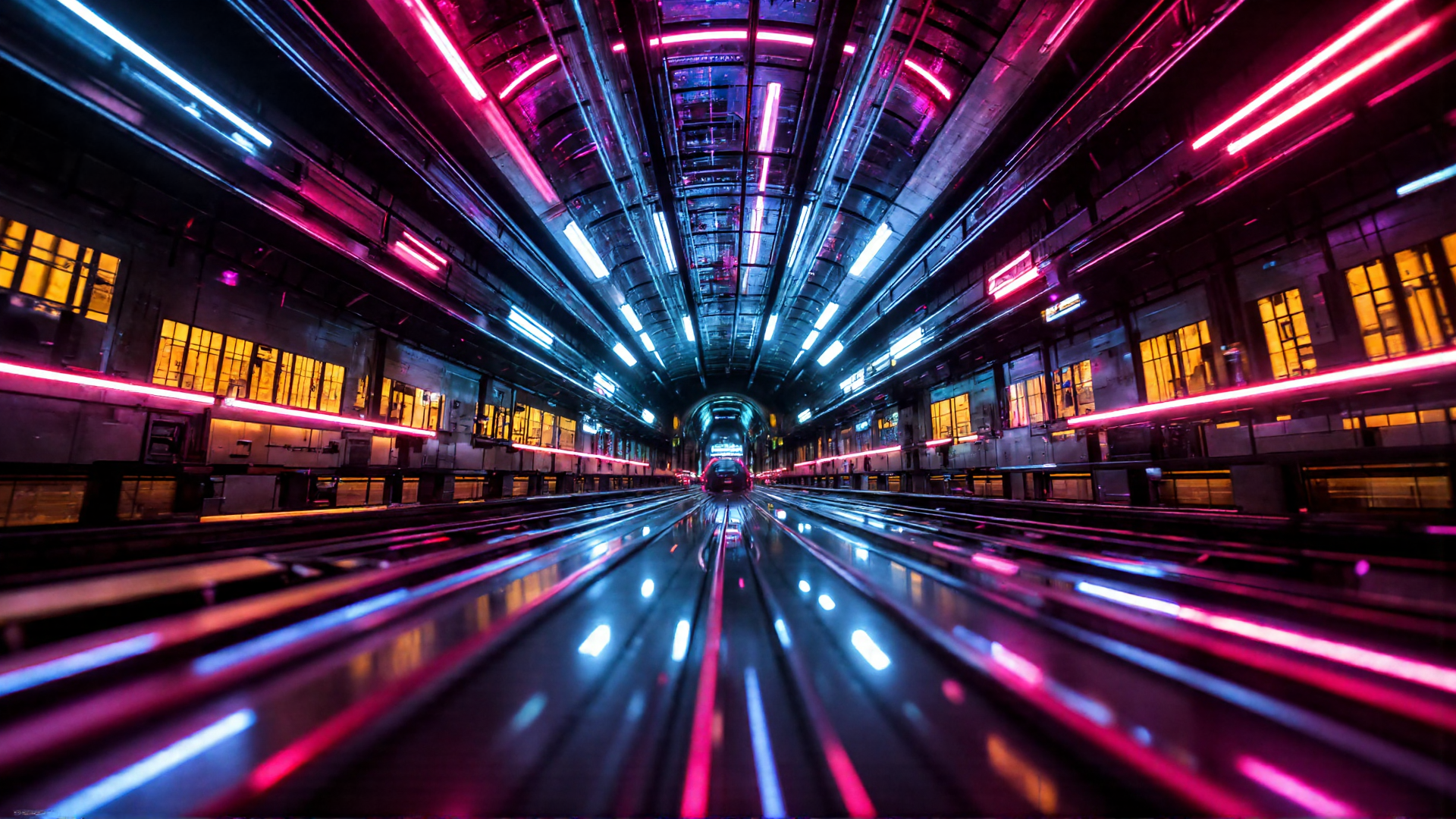 AI generated wallpaper featuring train tunnel, neon lights, railway, industrial, cityscape, corridor, future, cyberpunk, tracks, station