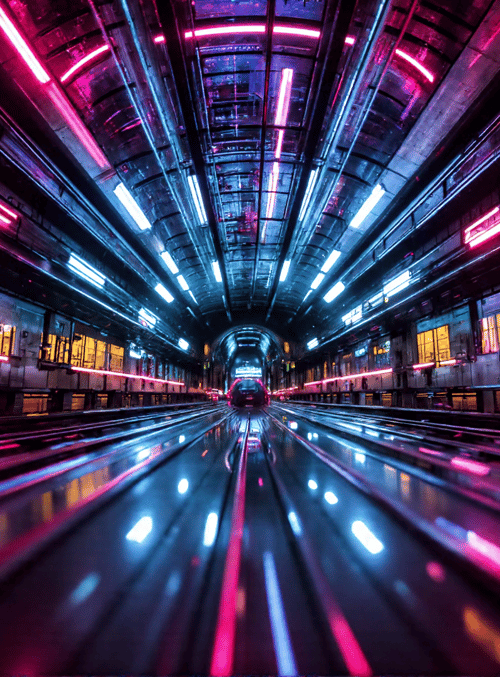 train tunnel, neon lights, railway, industrial, cityscape, corridor, future, cyberpunk, tracks, station
