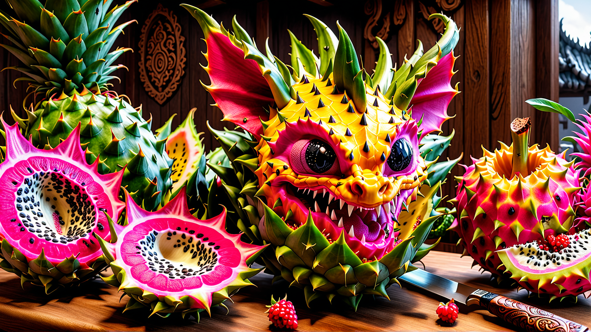 AI generated wallpaper featuring dragon, fruit, dragonfruit