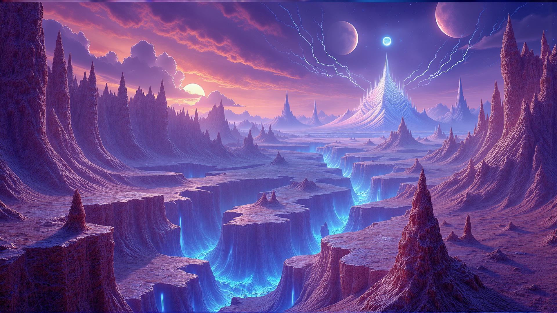 AI generated wallpaper featuring mountains, canyons, sky, planets, lightning, lava, rocks, craters, valleys, spires