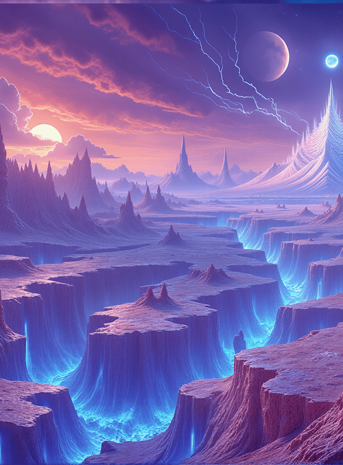mountains, canyons, sky, planets, lightning, lava, rocks, craters, valleys, spires