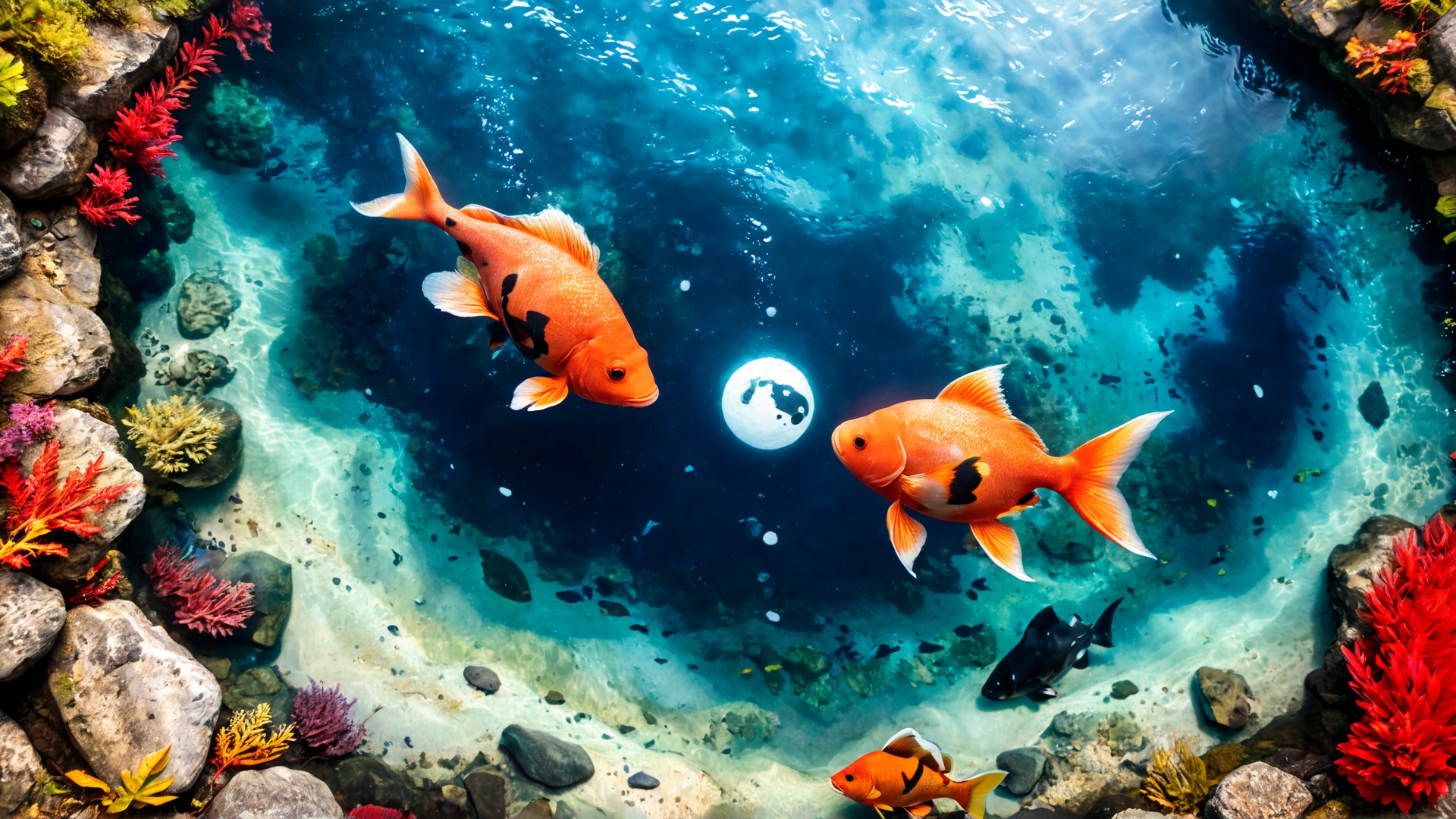 AI generated wallpaper featuring fish, coral, moon