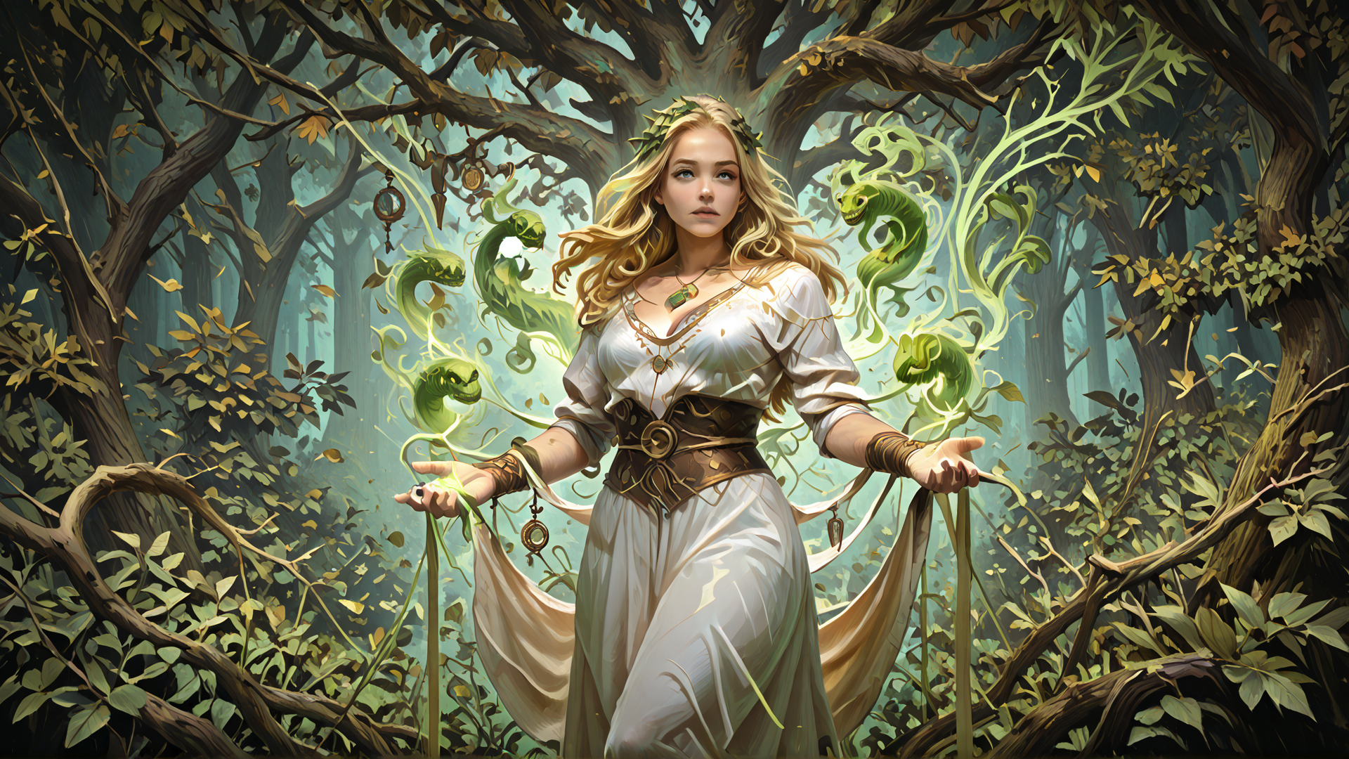 AI generated wallpaper featuring woman, trees, snakes, forest
