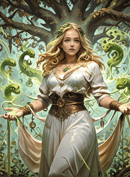 woman, trees, snakes, forest