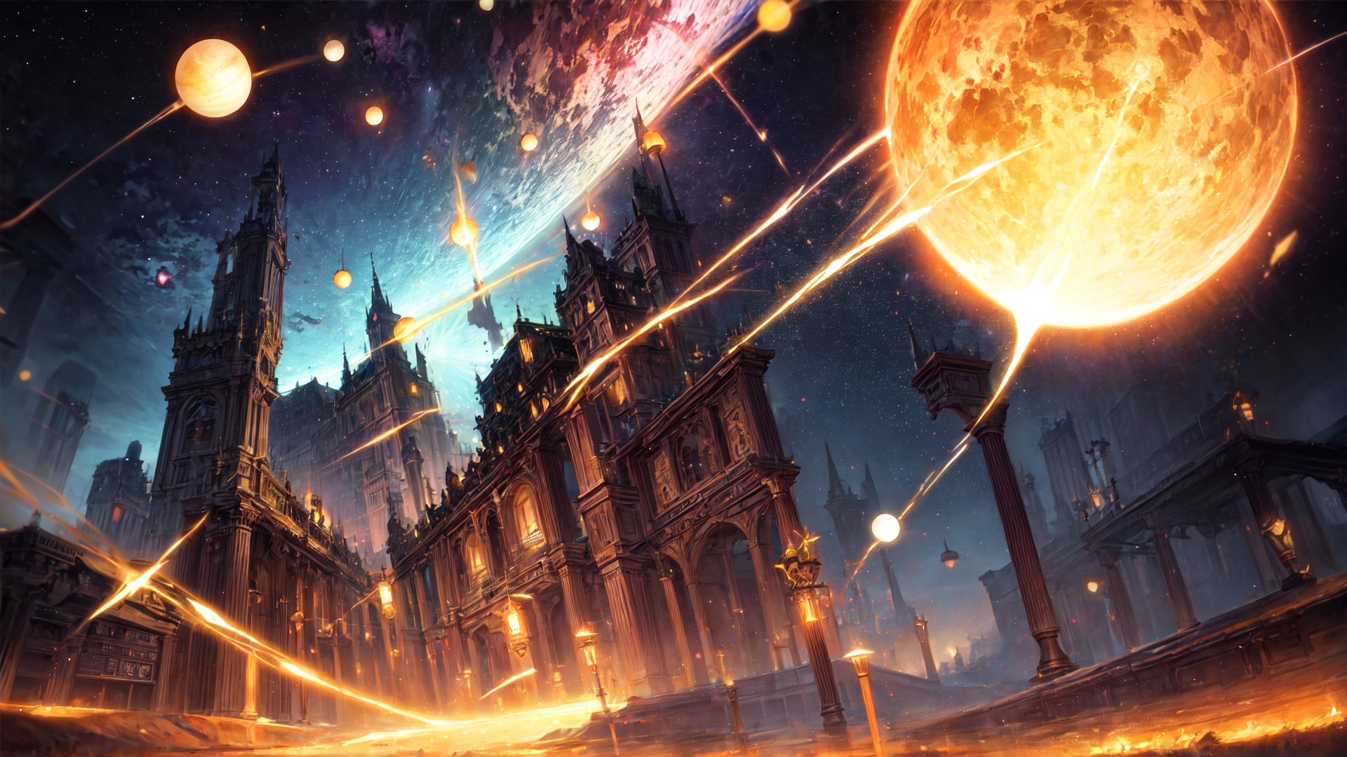 AI generated wallpaper featuring city, planets, buildings