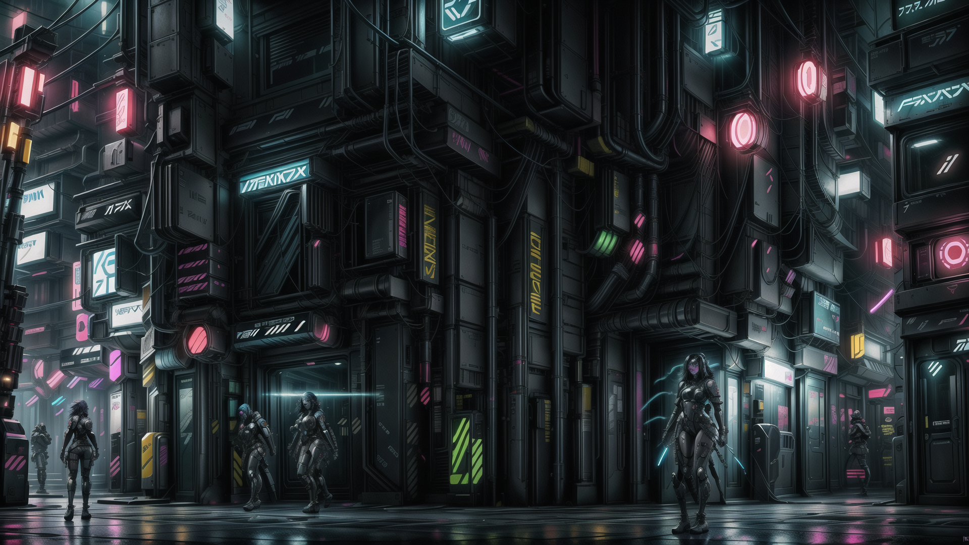 AI generated wallpaper featuring cyborg, neon, city