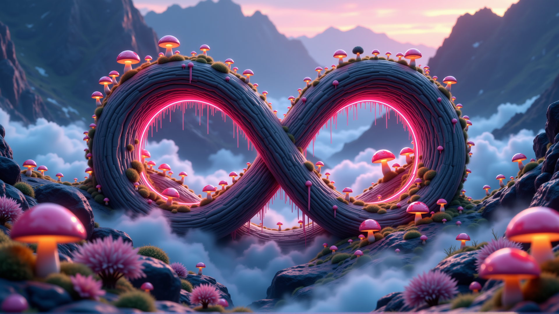 AI generated wallpaper featuring infinity symbol, mushrooms, mountains