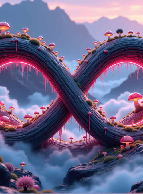 infinity symbol, mushrooms, mountains