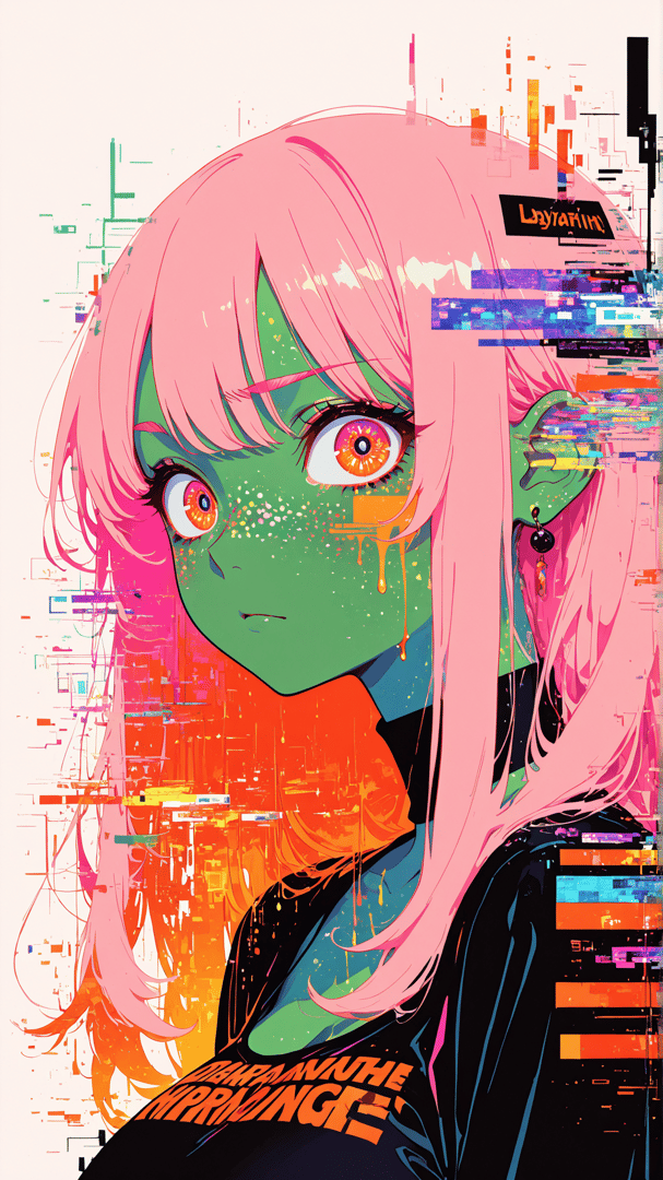 AI generated wallpaper featuring anime, girl, digital, glitch, portrait, cyberpunk, character, futuristic, neon, punk
