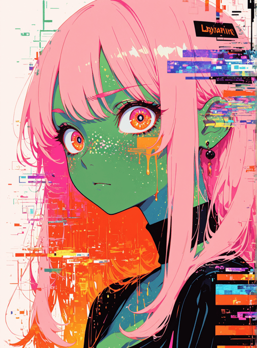 anime, girl, digital, glitch, portrait, cyberpunk, character, futuristic, neon, punk
