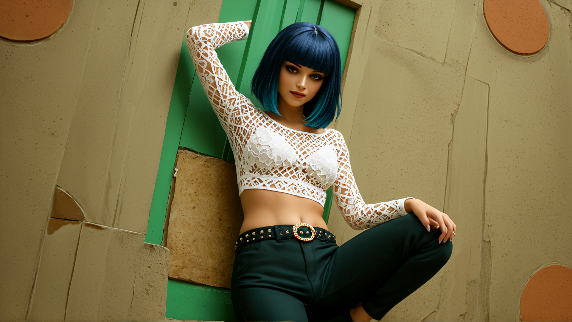 AI generated wallpaper featuring woman, hair, top, pants, belt