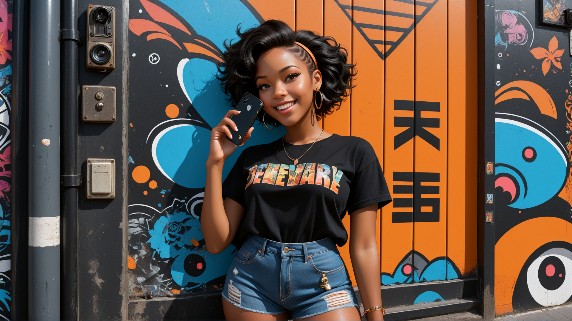 AI generated wallpaper featuring woman, phone, graffiti, door, shorts, t-shirt