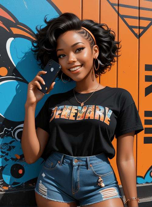 woman, phone, graffiti, door, shorts, t-shirt
