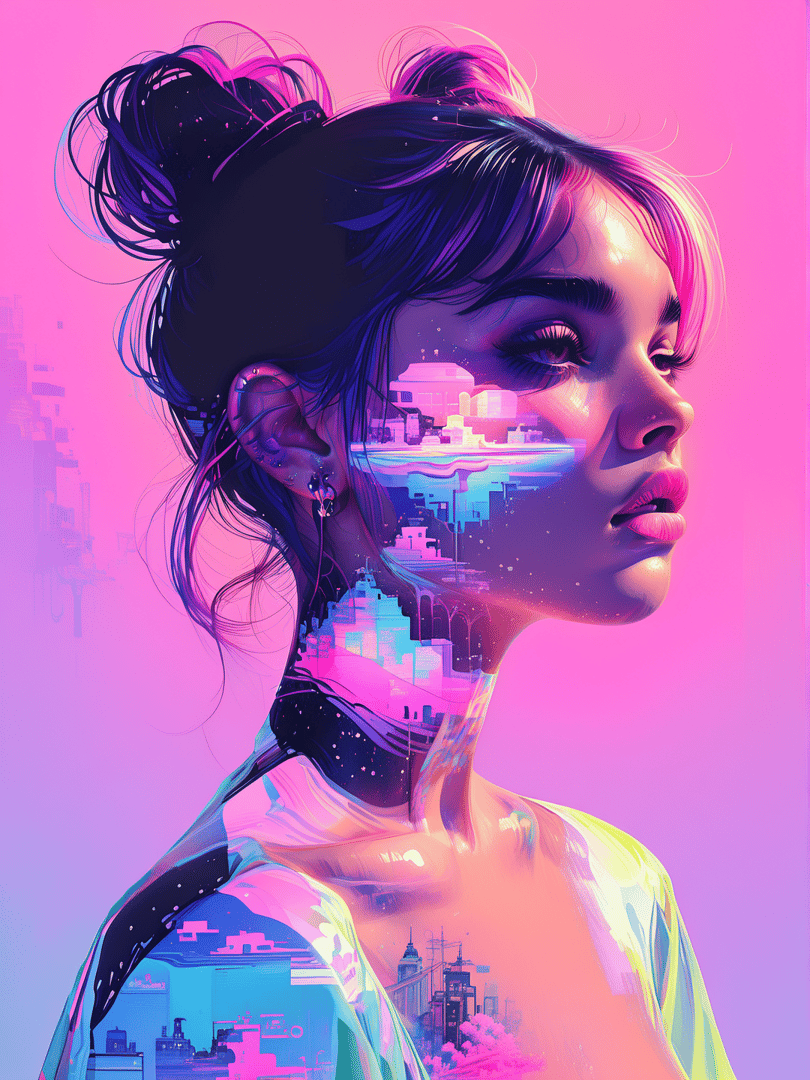 AI generated wallpaper featuring woman, cityscape, hair, portrait