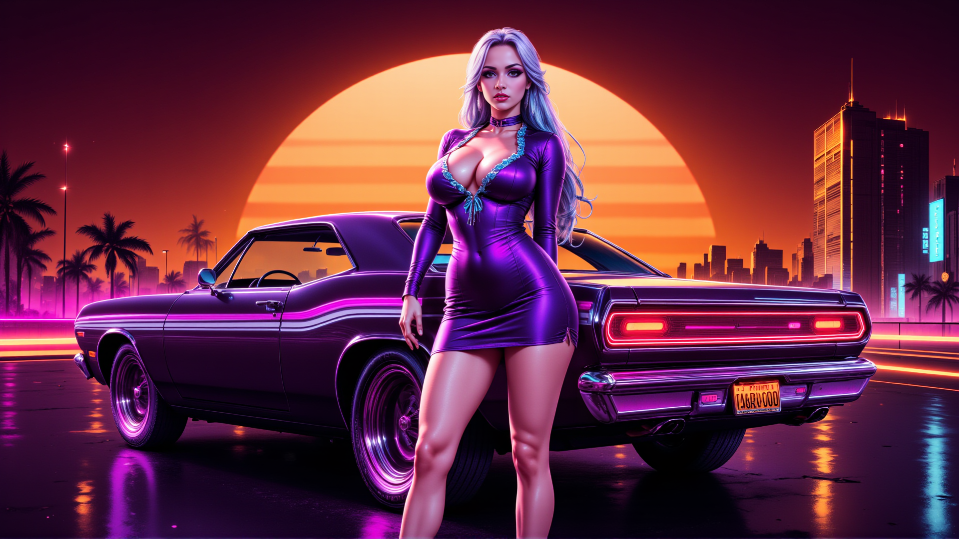 AI generated wallpaper featuring woman, car