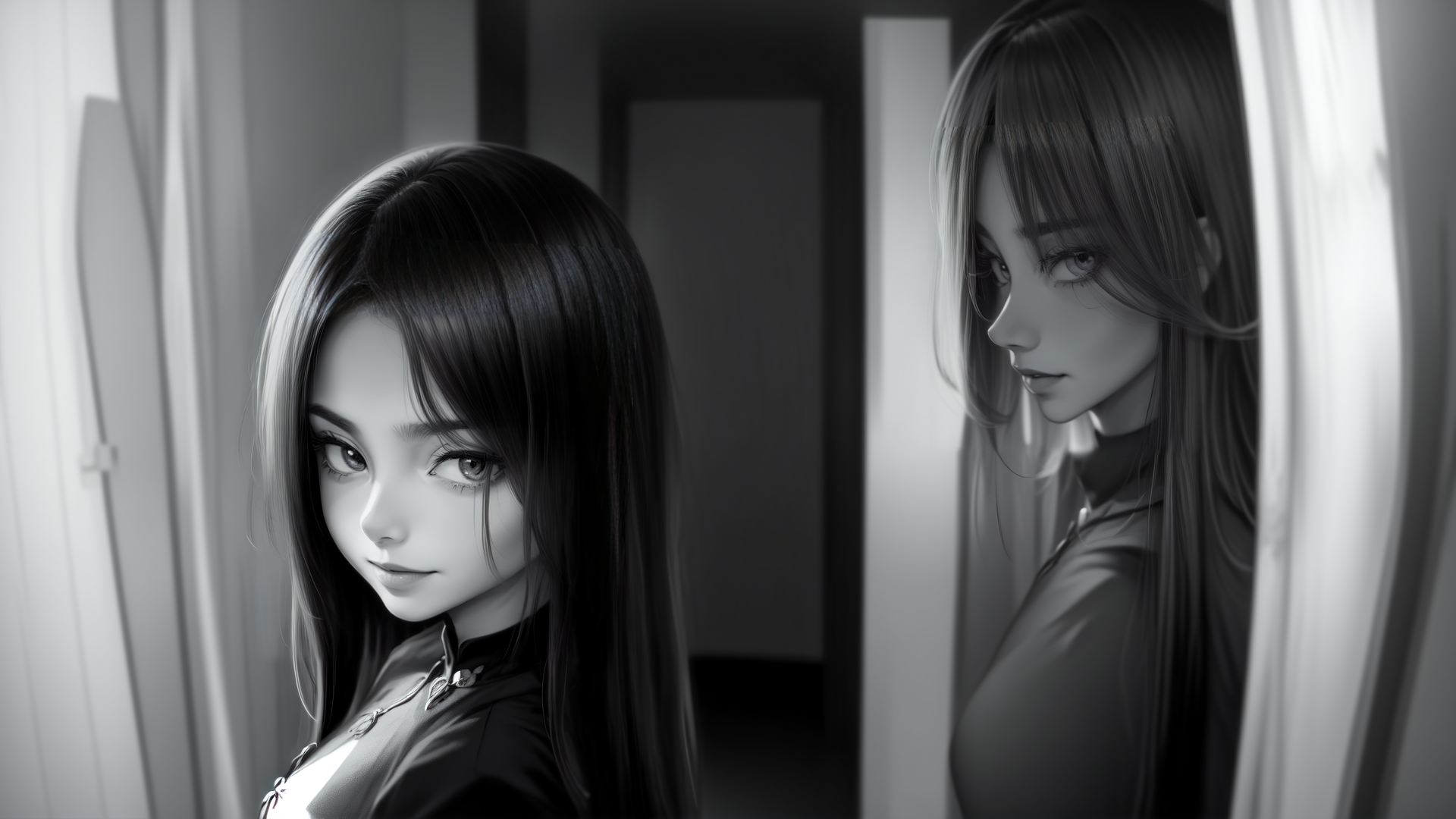 AI generated wallpaper featuring woman, mirror, reflection