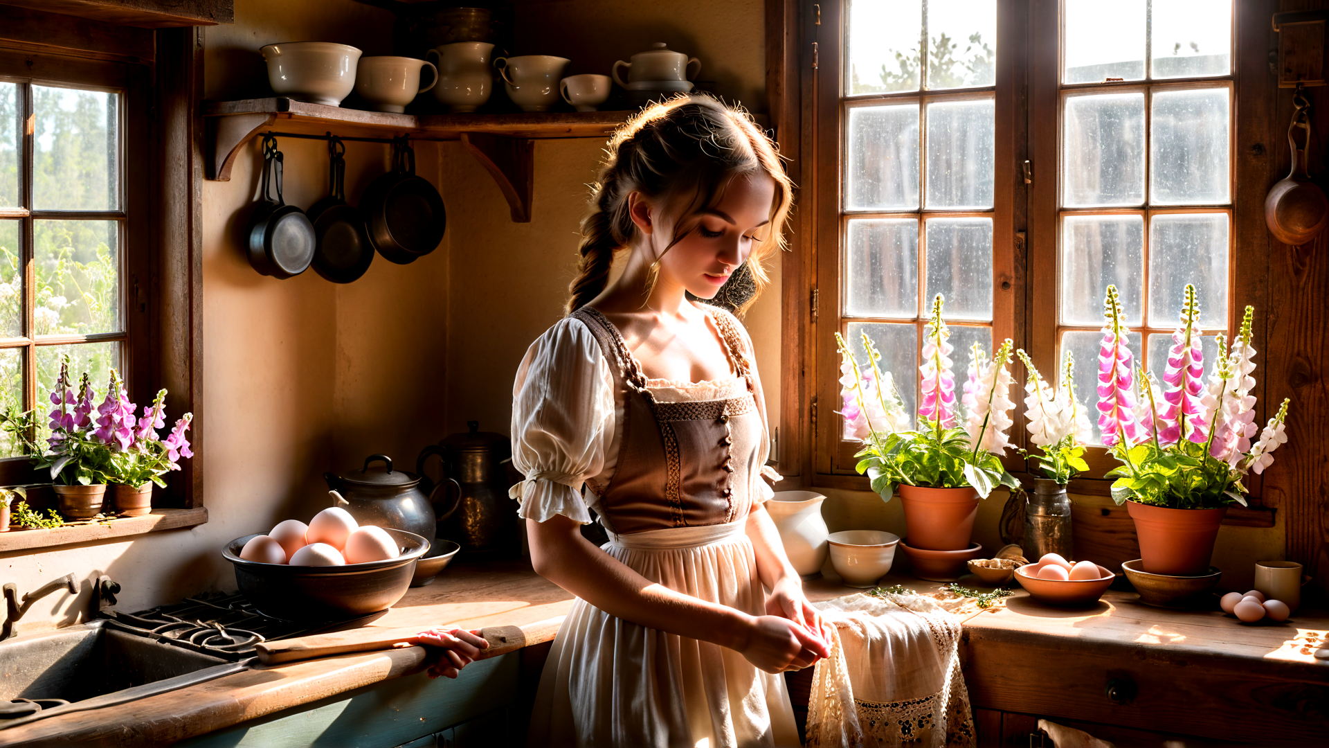 AI generated wallpaper featuring woman, kitchen, flowers, eggs, pots, dress