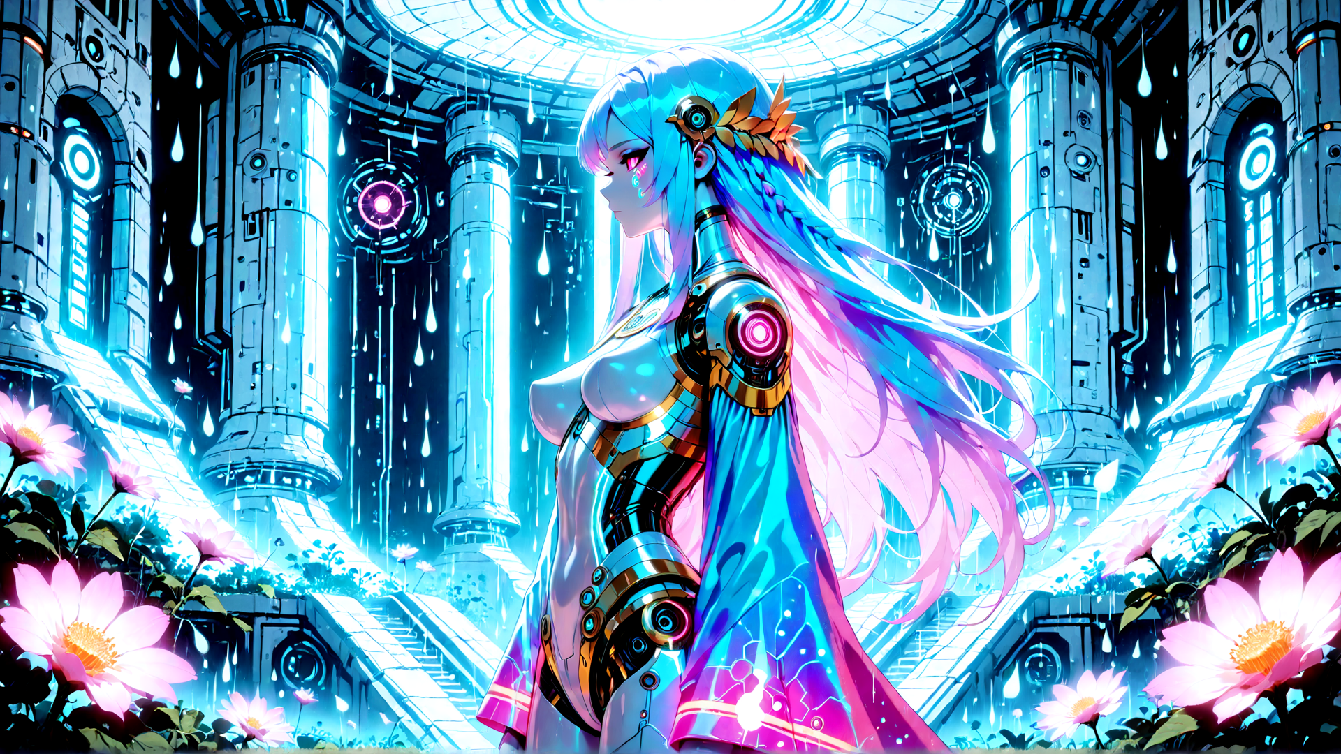 AI generated wallpaper featuring cybernetic woman, robot, goddess, angel, mechanical, neon, futuristic, anime, detailed, illustration
