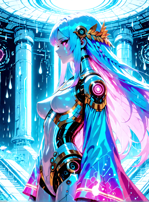 cybernetic woman, robot, goddess, angel, mechanical, neon, futuristic, anime, detailed, illustration