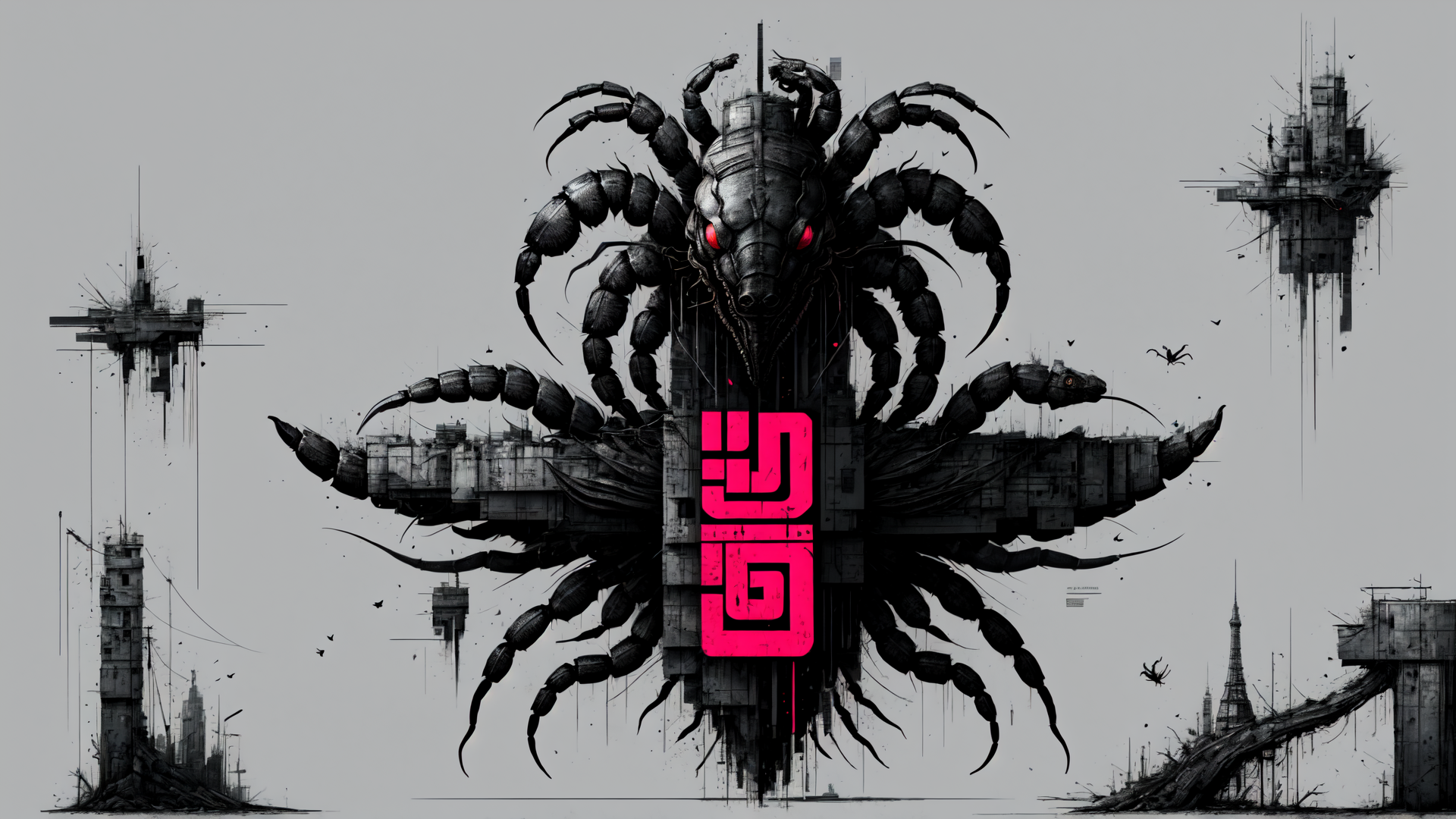 AI generated wallpaper featuring spider, robot, city, skyscraper, gears, structure, mechanism, monument, insect, machine