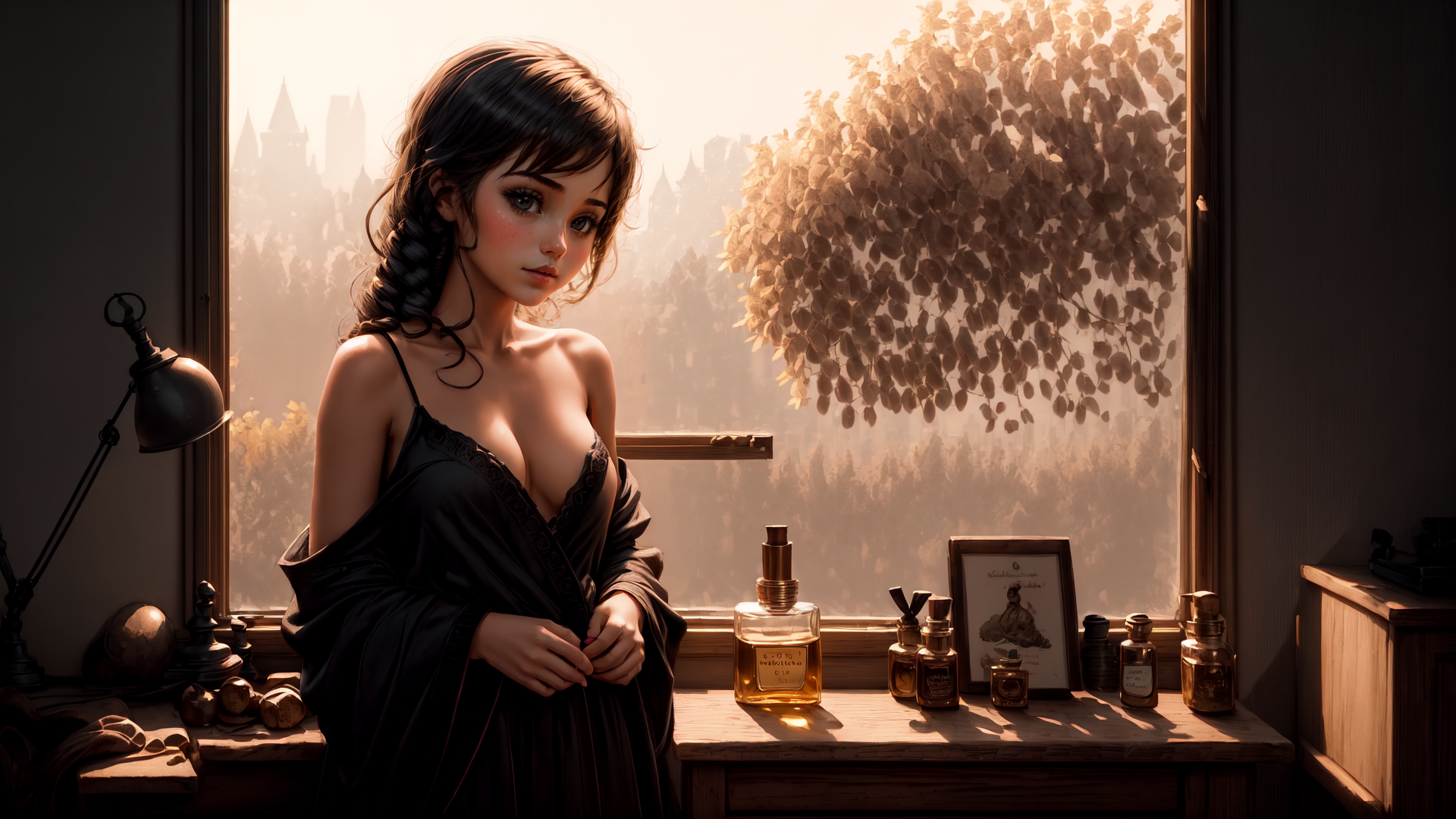 AI generated wallpaper featuring woman, window, bottle, plant, dress, lamp, frame, castle, desk, mirror