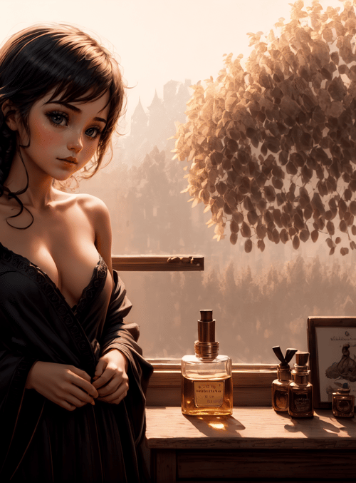 woman, window, bottle, plant, dress, lamp, frame, castle, desk, mirror