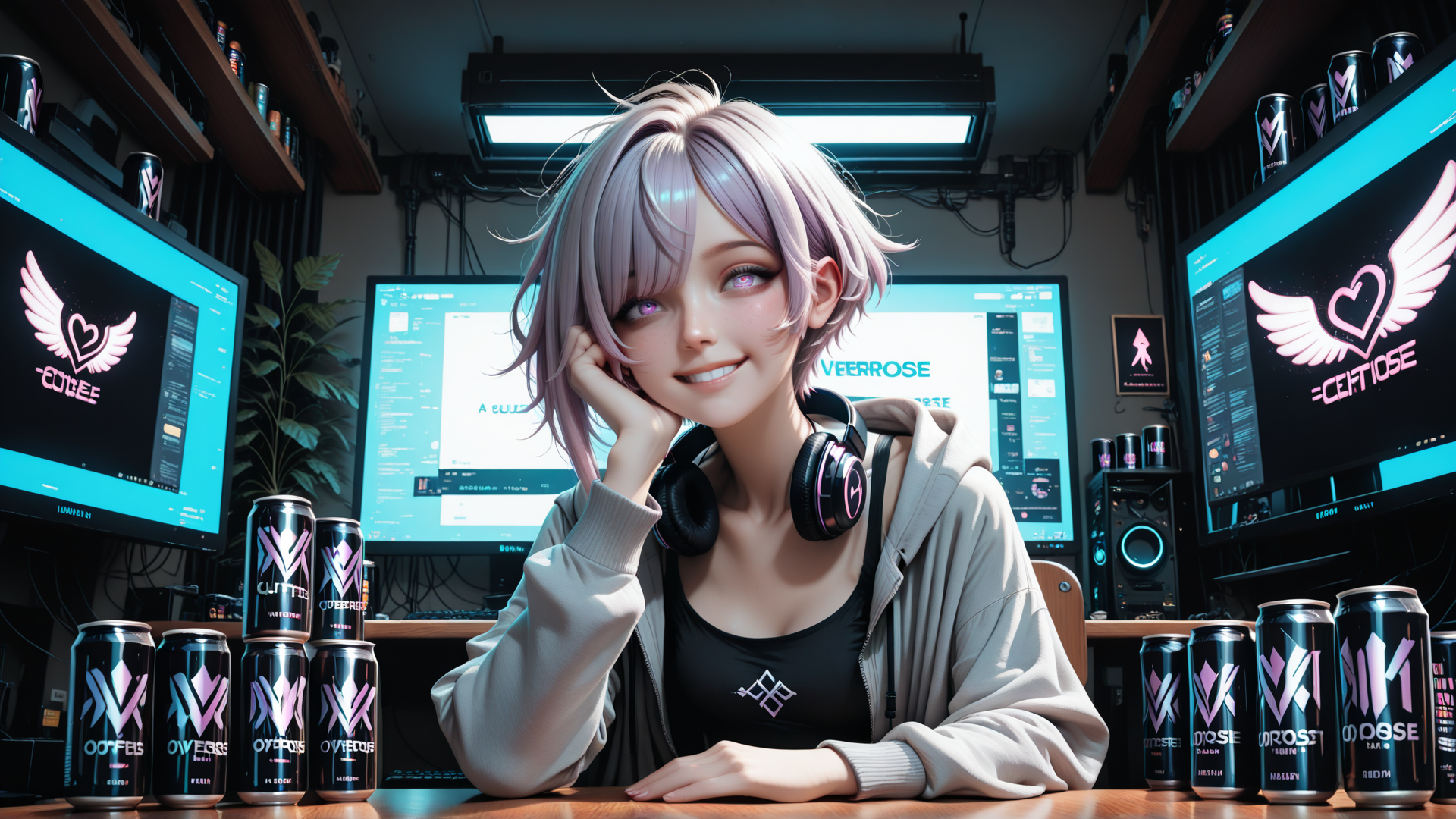 AI generated wallpaper featuring gamer, monitor, energy drink, headphone, computer, can, plant