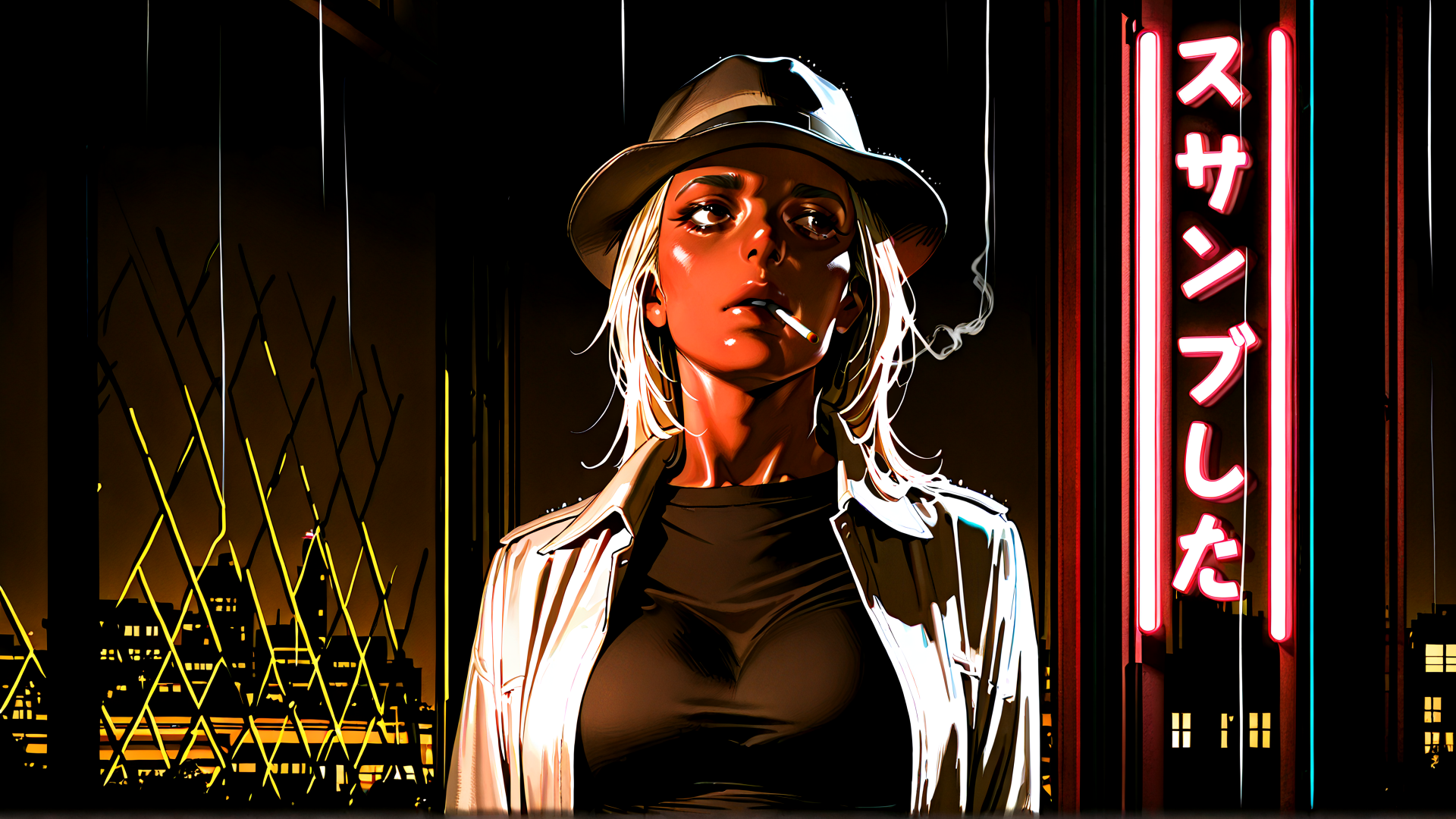 AI generated wallpaper featuring woman, hat, cigarette, neon sign, cityscape